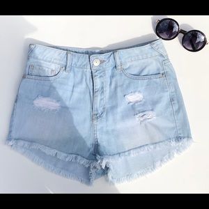 BCBG Frayed Light Blue Denim Shorts